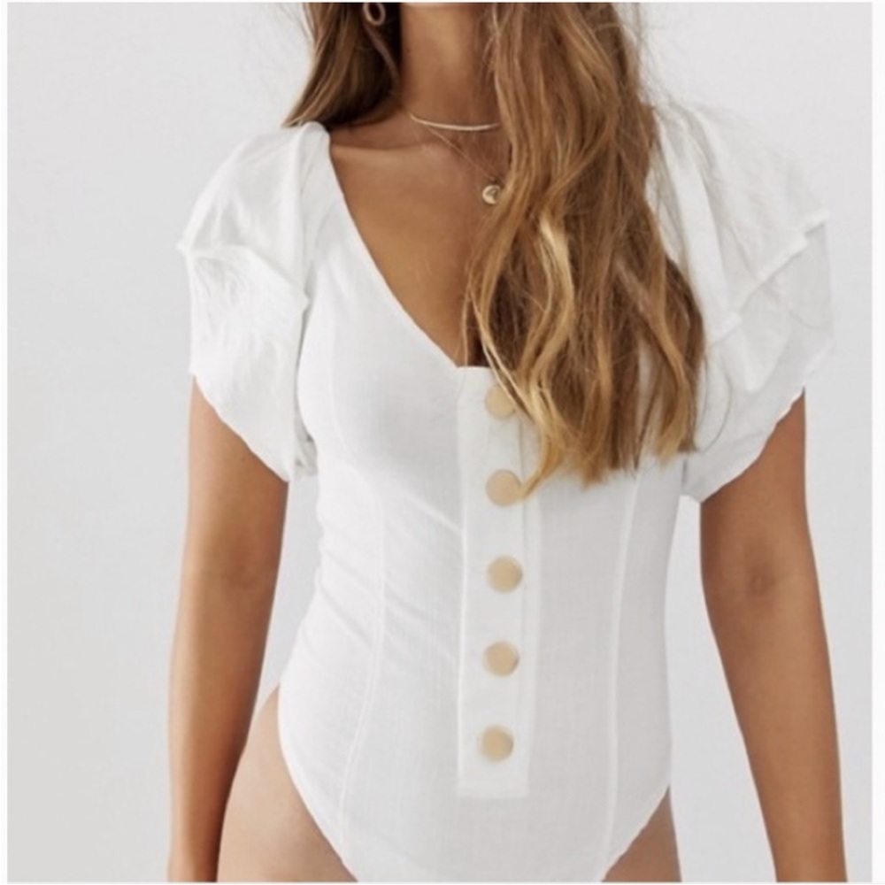 Free People White Puff Sleeve Gold Button Front Bodysuit Size XS